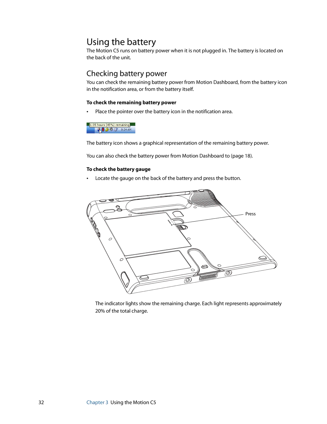 Motion Computing C5 manual Using the battery, Checking battery power, To check the remaining battery power 