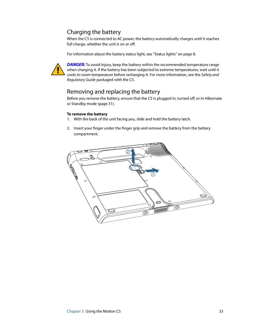 Motion Computing C5 manual Charging the battery, Removing and replacing the battery, To remove the battery 