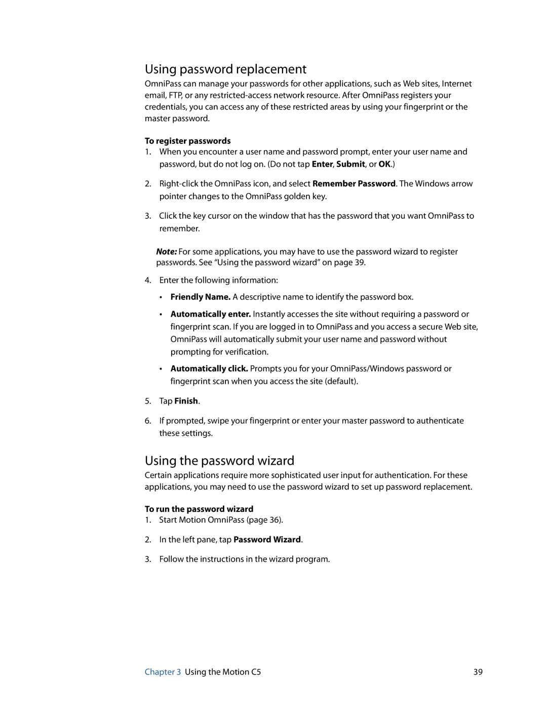 Motion Computing C5 manual Using password replacement, Using the password wizard, To register passwords, Tap Finish 