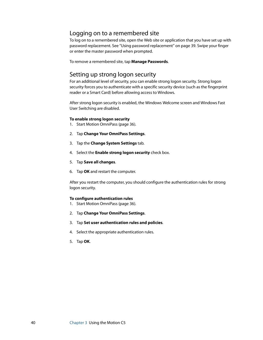Motion Computing C5 Logging on to a remembered site, Setting up strong logon security, To enable strong logon security 