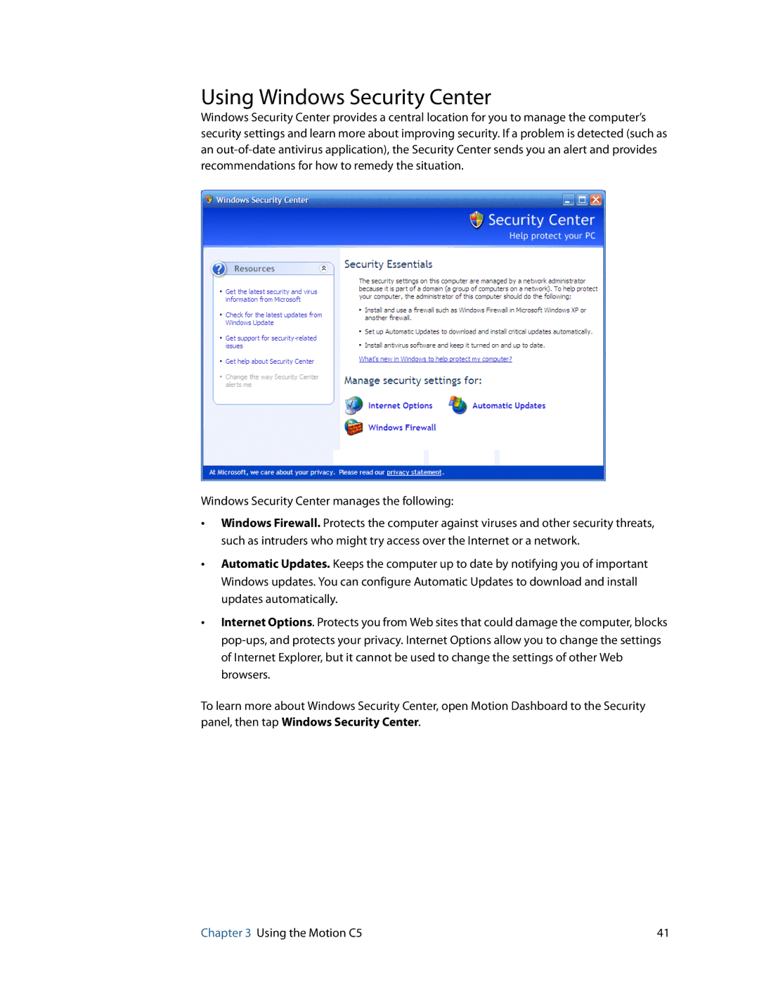 Motion Computing C5 manual Using Windows Security Center 