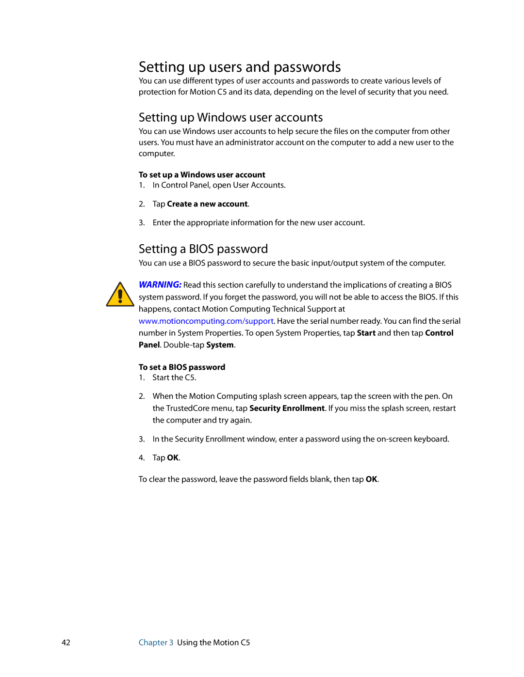 Motion Computing C5 manual Setting up users and passwords, Setting up Windows user accounts, Setting a Bios password 