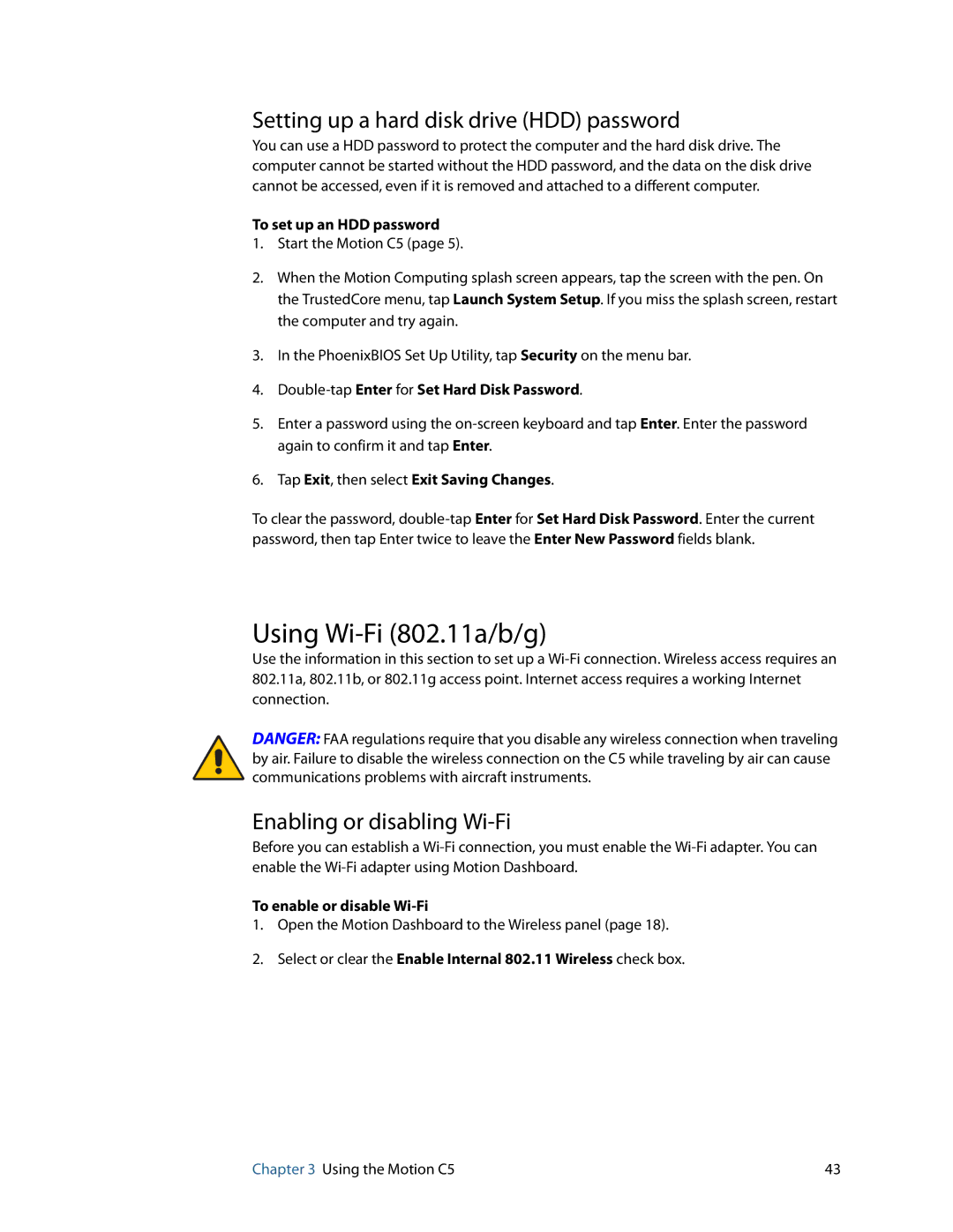 Motion Computing C5 manual Using Wi-Fi 802.11a/b/g, Setting up a hard disk drive HDD password, Enabling or disabling Wi-Fi 