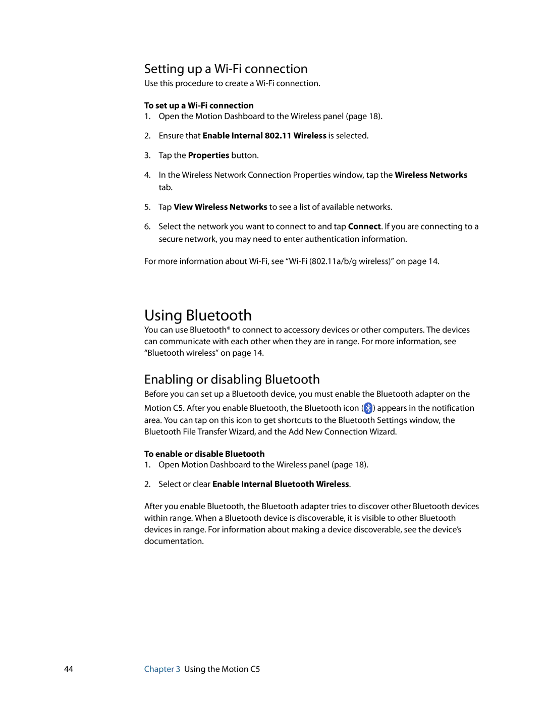 Motion Computing C5 manual Using Bluetooth, Setting up a Wi-Fi connection, Enabling or disabling Bluetooth 