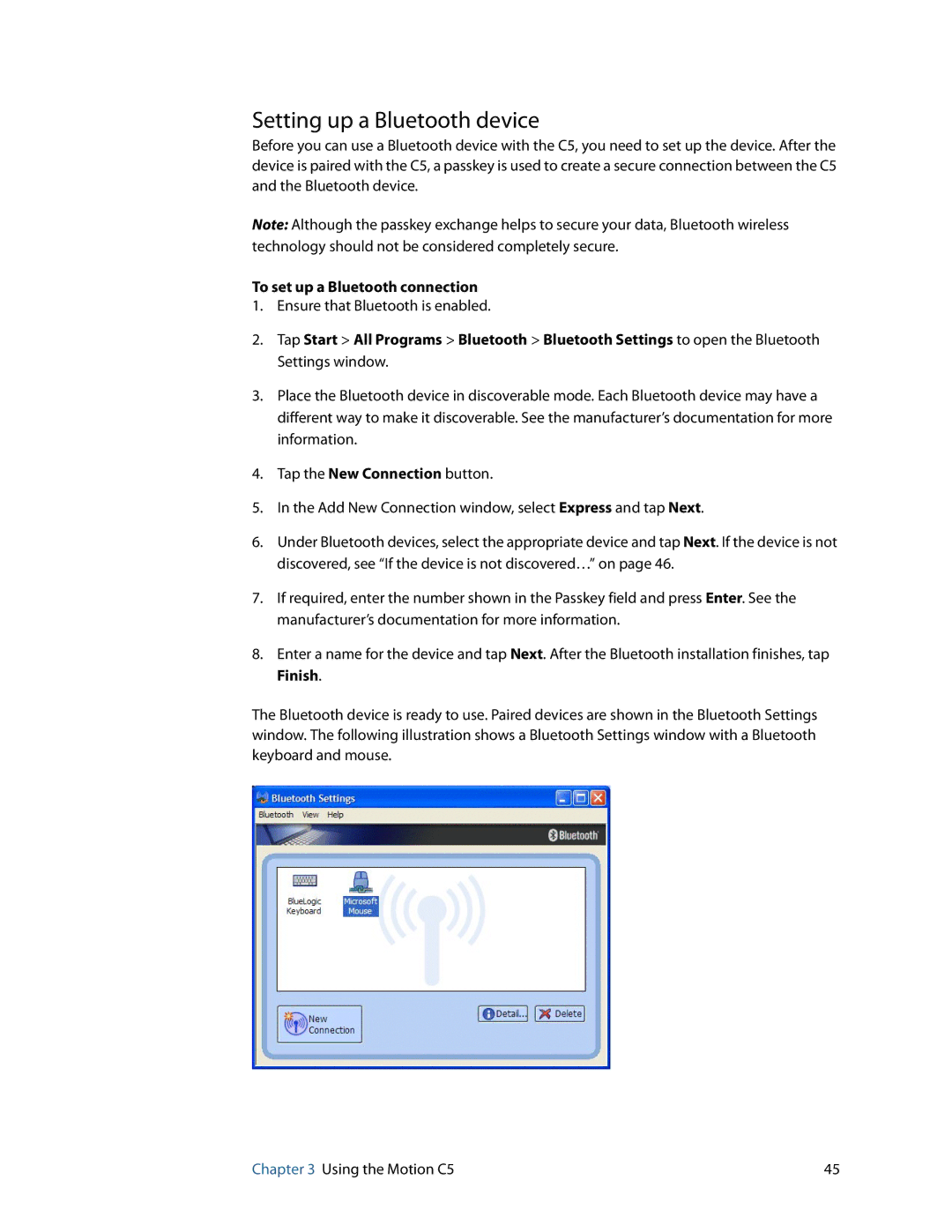 Motion Computing C5 manual Setting up a Bluetooth device, To set up a Bluetooth connection 