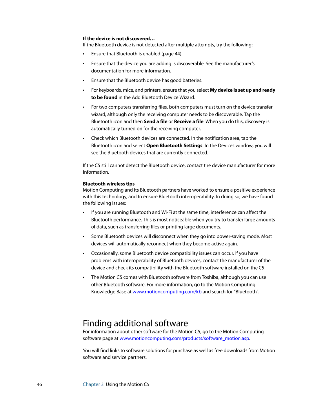 Motion Computing C5 manual Finding additional software, If the device is not discovered…, Bluetooth wireless tips 