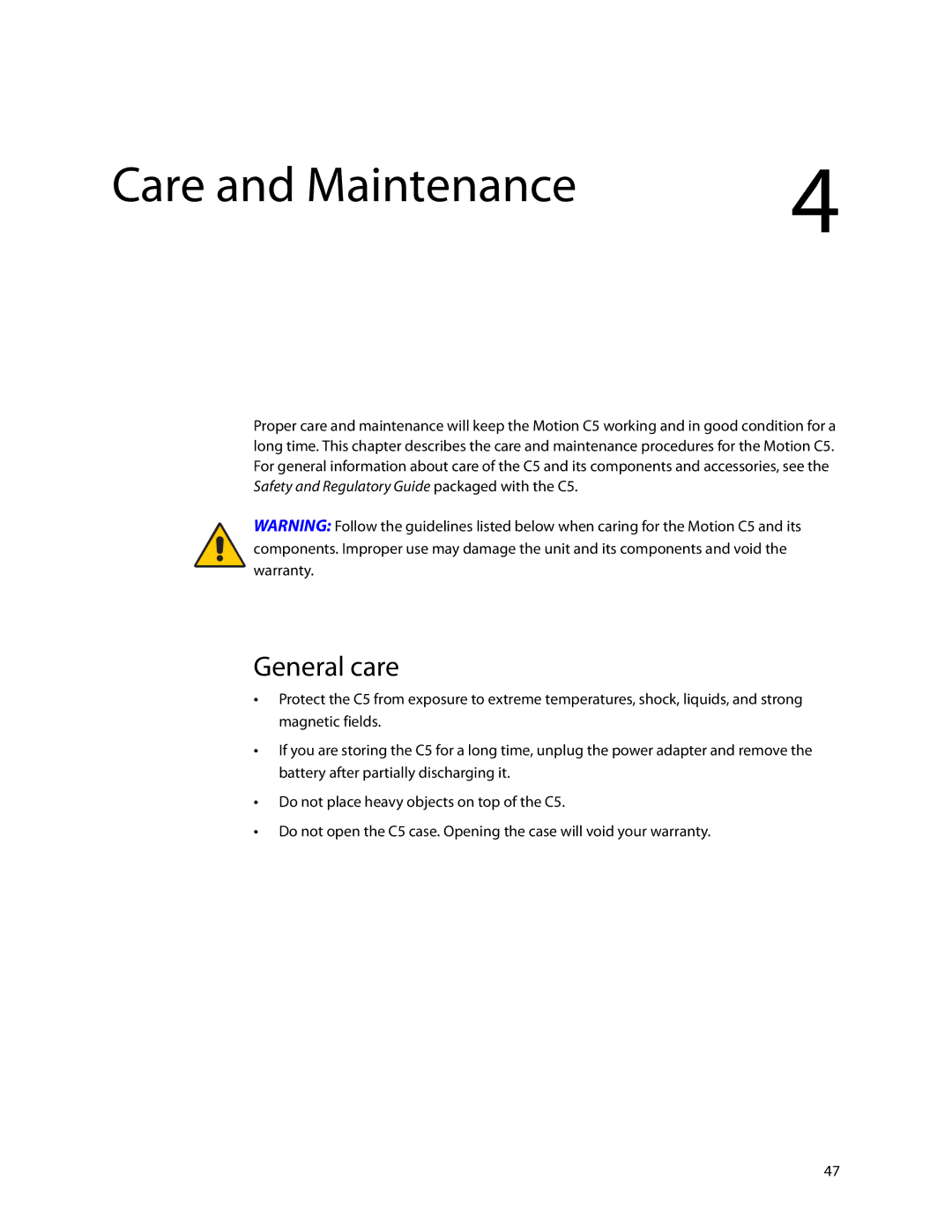 Motion Computing C5 manual Care and Maintenance, General care 