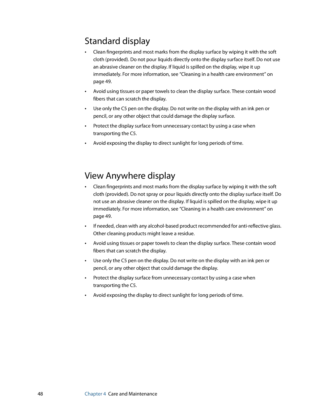 Motion Computing C5 manual Standard display, View Anywhere display 