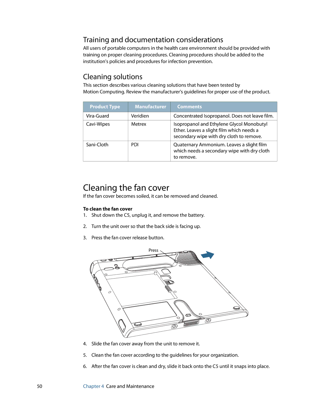 Motion Computing C5 manual Cleaning the fan cover, Training and documentation considerations, Cleaning solutions 