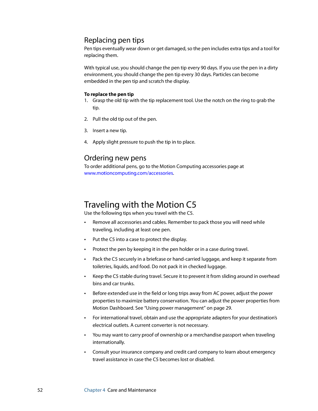 Motion Computing manual Traveling with the Motion C5, Replacing pen tips, Ordering new pens, To replace the pen tip 