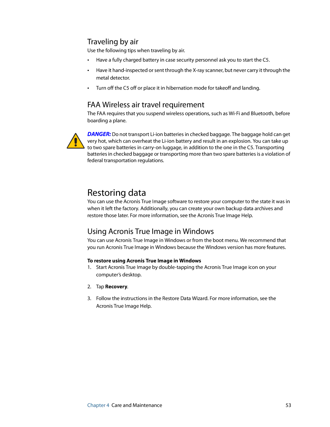 Motion Computing C5 manual Restoring data, Traveling by air, FAA Wireless air travel requirement 