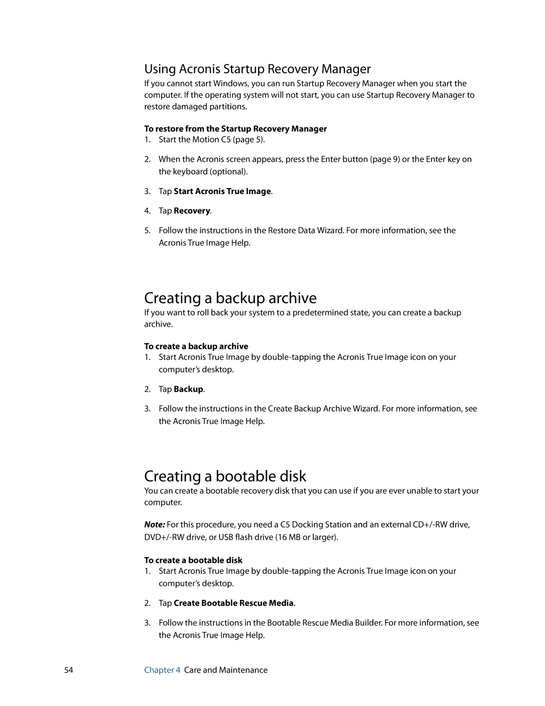 Motion Computing C5 manual Creating a backup archive, Creating a bootable disk, Using Acronis Startup Recovery Manager 