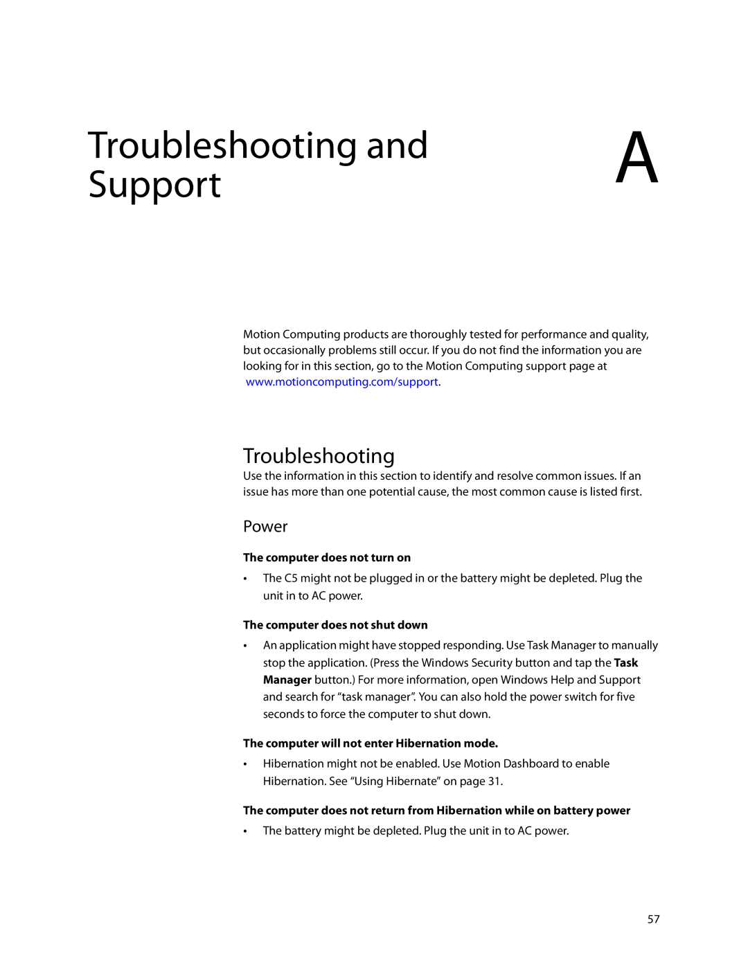 Motion Computing C5 manual Troubleshooting, Computer does not turn on, Computer does not shut down 