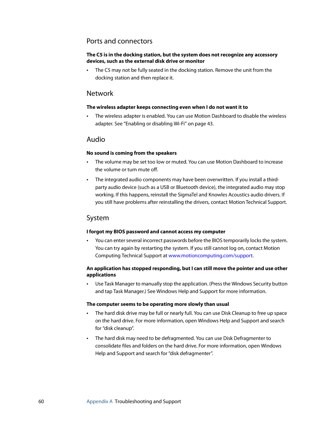 Motion Computing C5 manual No sound is coming from the speakers, Computer seems to be operating more slowly than usual 