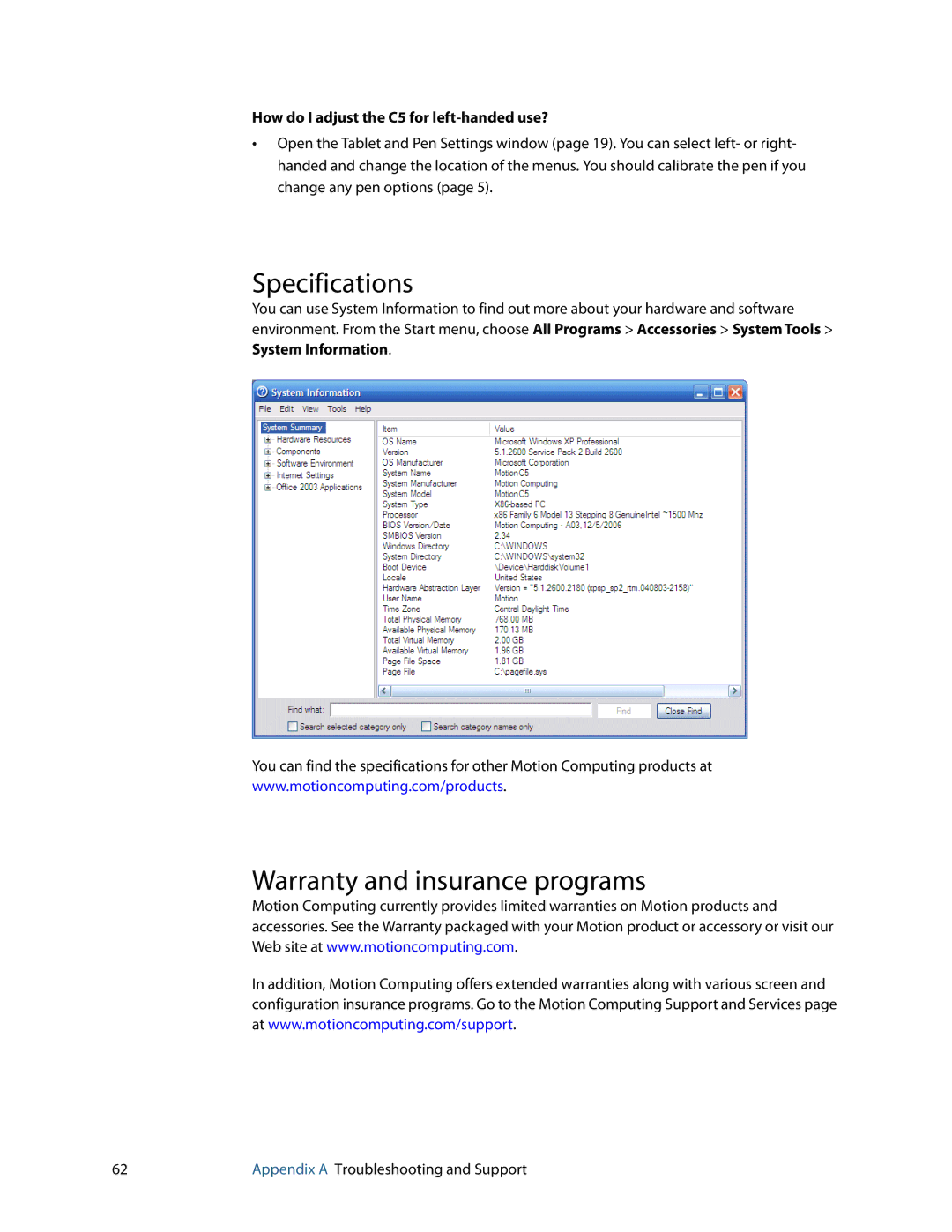 Motion Computing manual Specifications, Warranty and insurance programs, How do I adjust the C5 for left-handed use? 