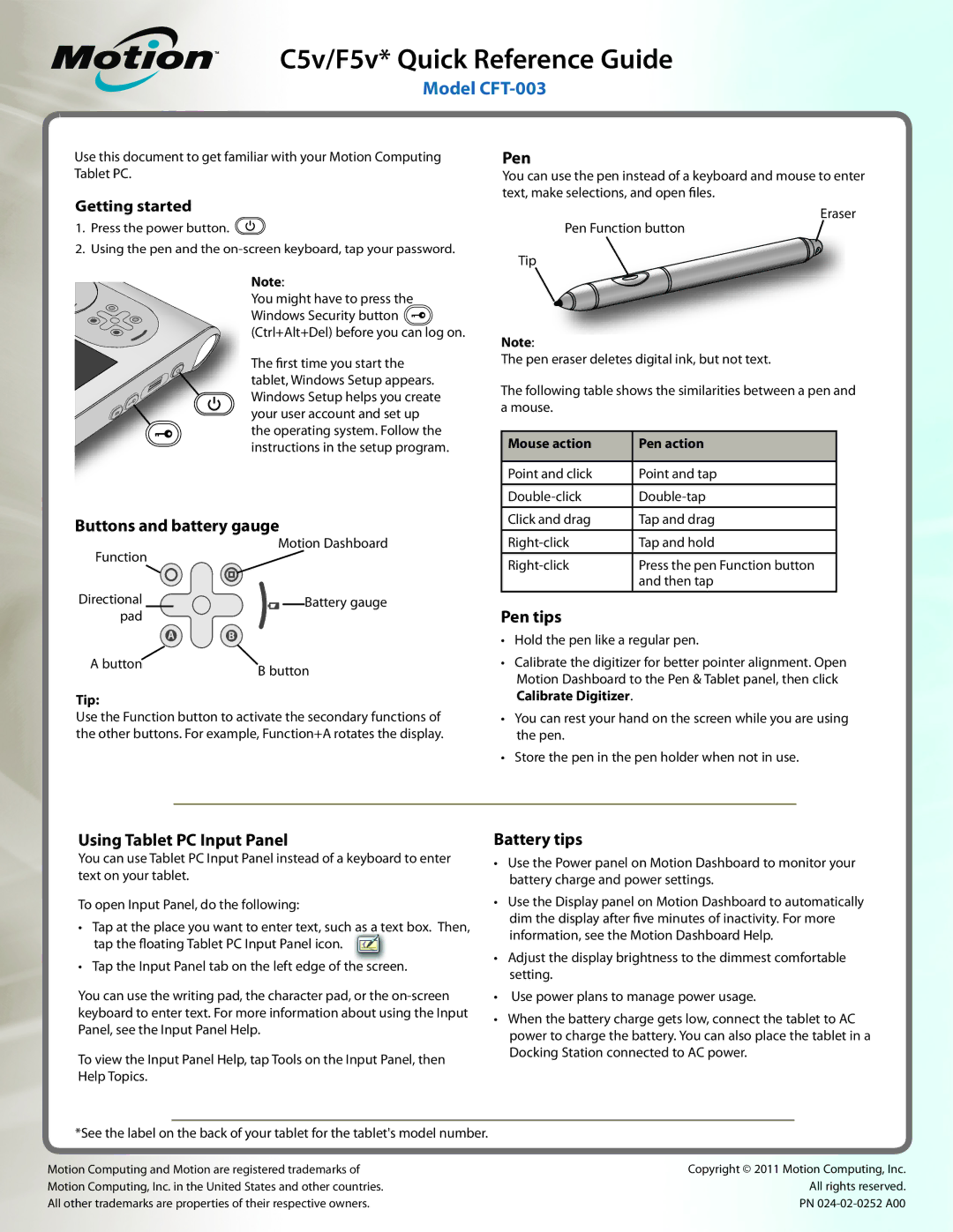 Motion Computing CFT-003 manual Buttons and battery gauge, Pen tips, Using Tablet PC Input Panel, Battery tips 