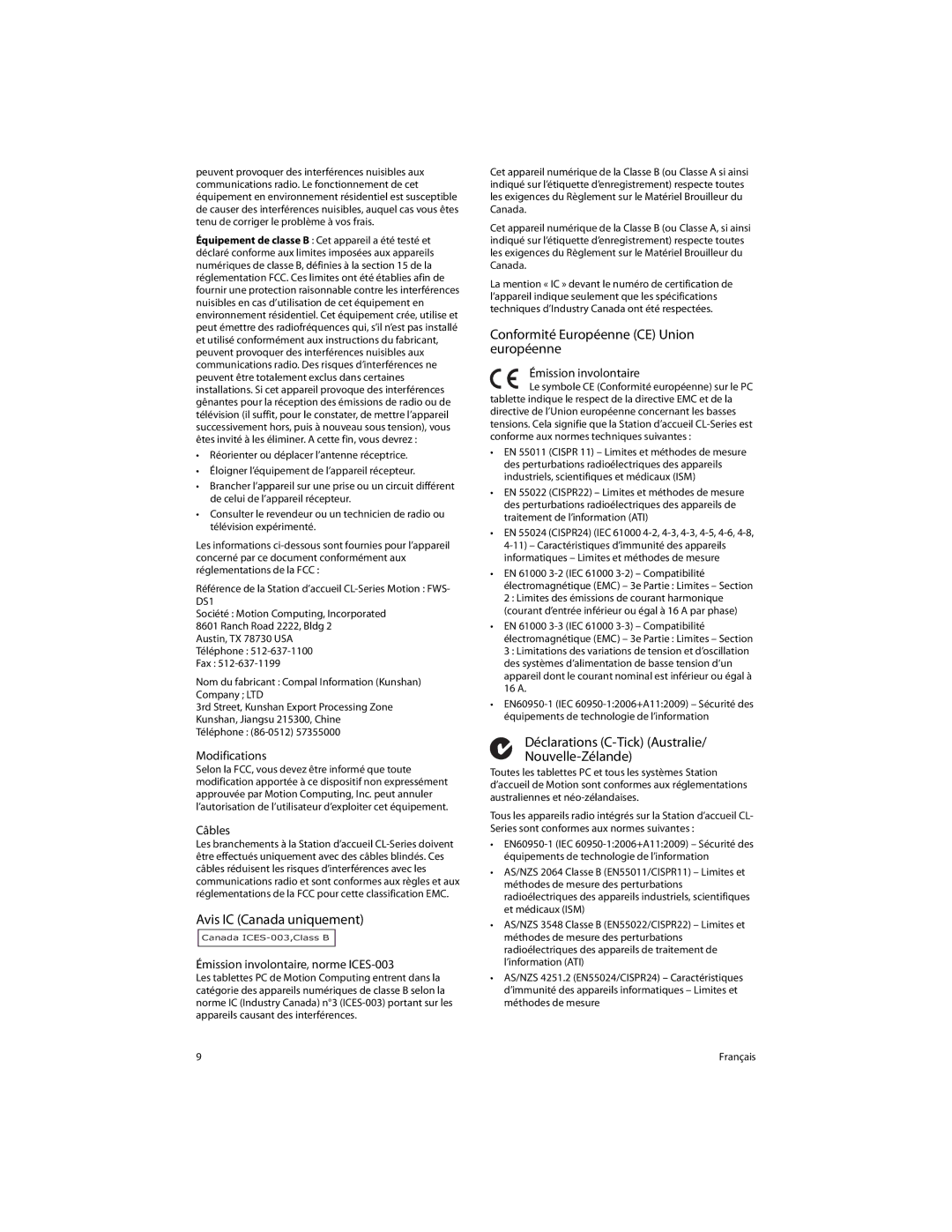 Motion Computing FWS-DS1 warranty Avis IC Canada uniquement, Conformité Européenne CE Union européenne 