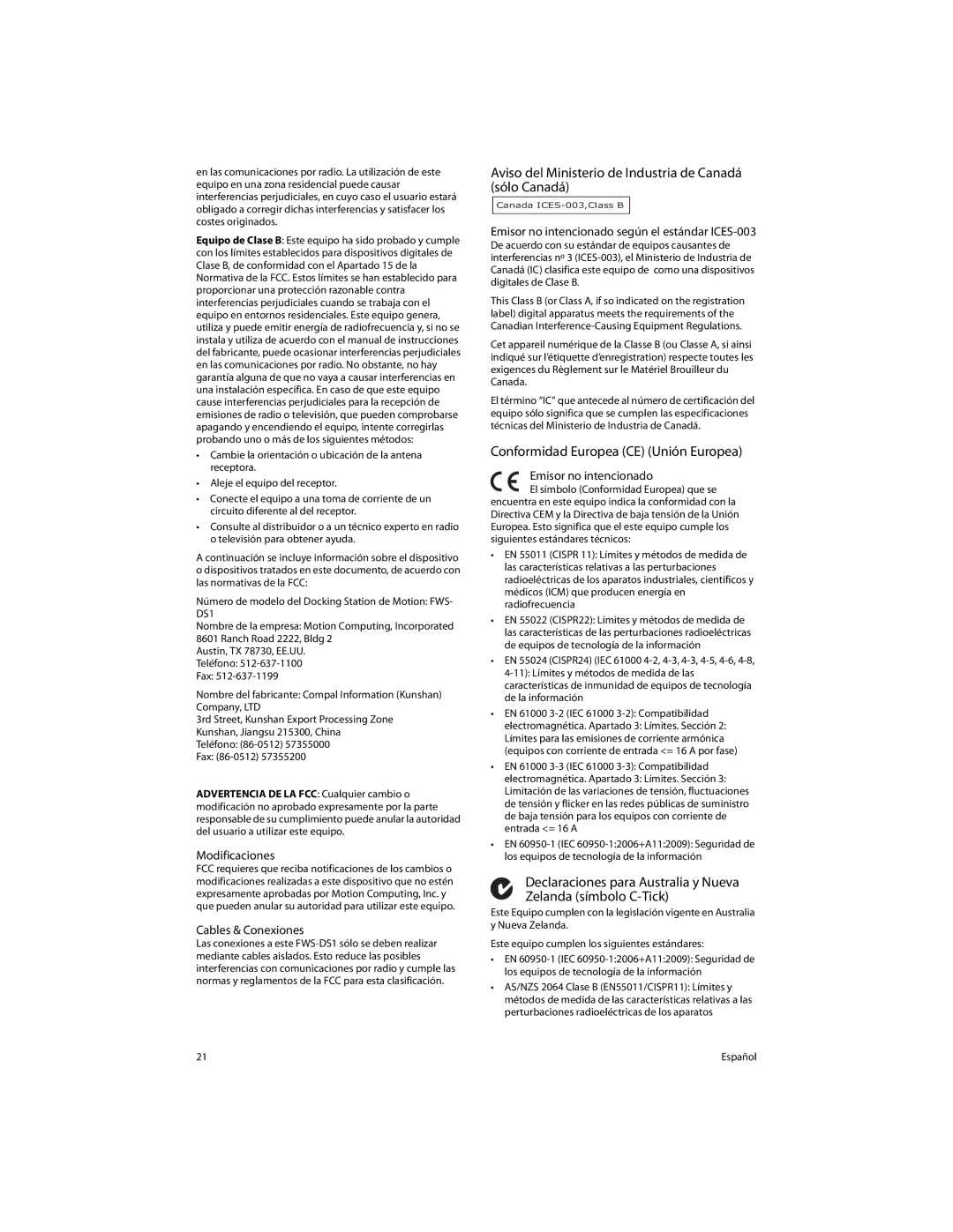 Motion Computing FWS-DS1 Aviso del Ministerio de Industria de Canadá sólo Canadá, Conformidad Europea CE Unión Europea 