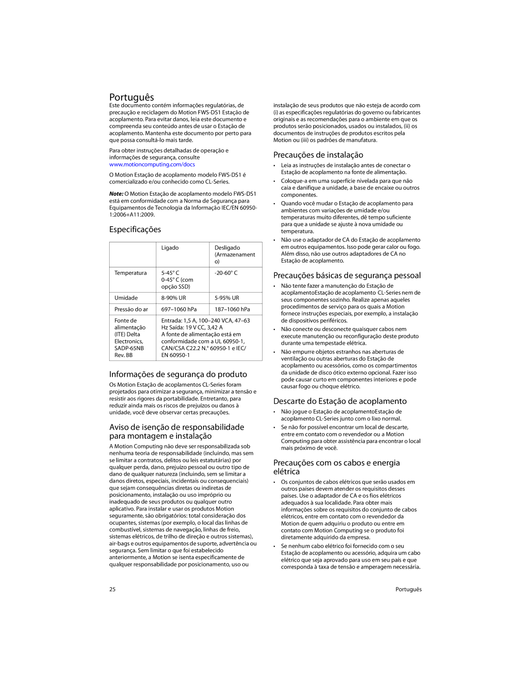 Motion Computing FWS-DS1 warranty Português 