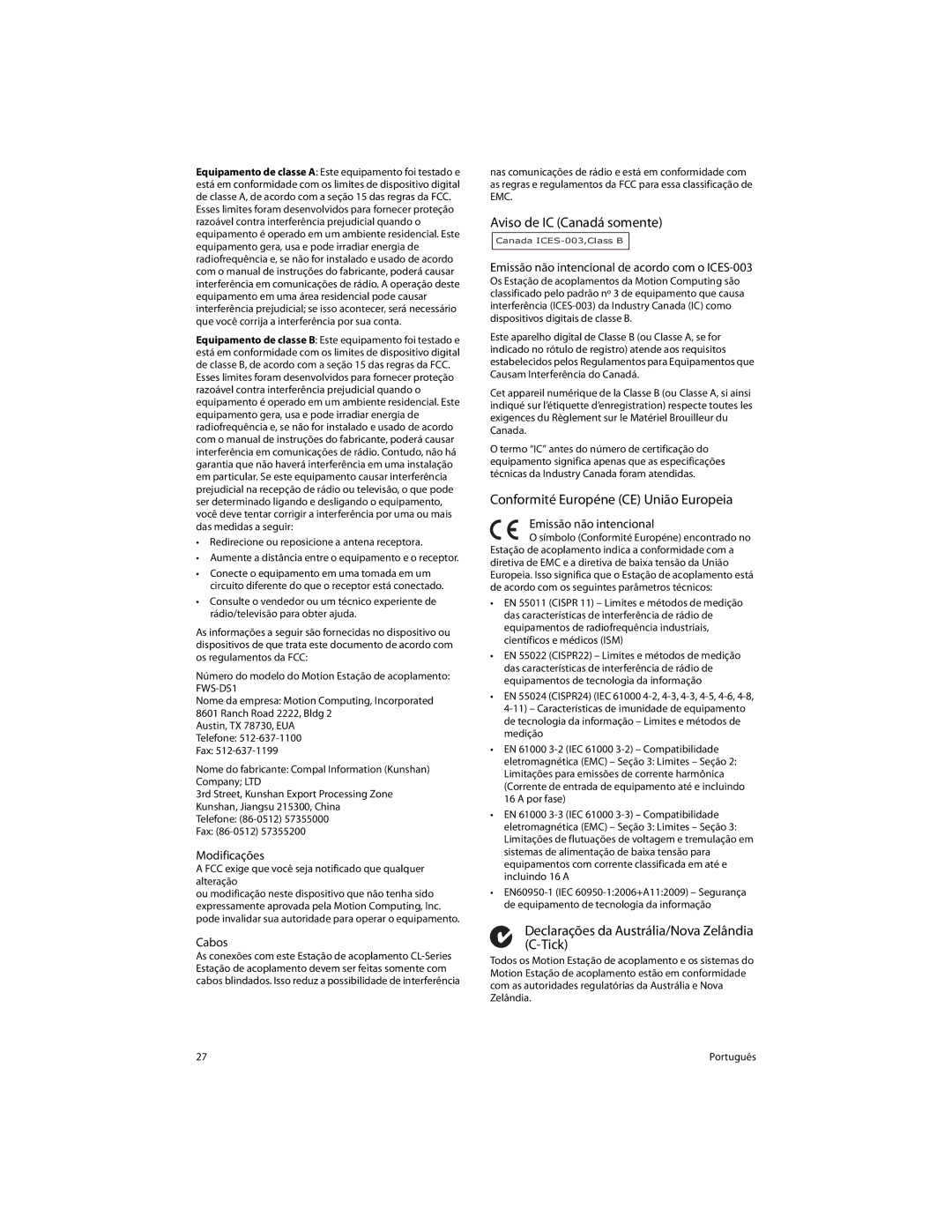 Motion Computing FWS-DS1 warranty Aviso de IC Canadá somente, Conformité Européne CE União Europeia 