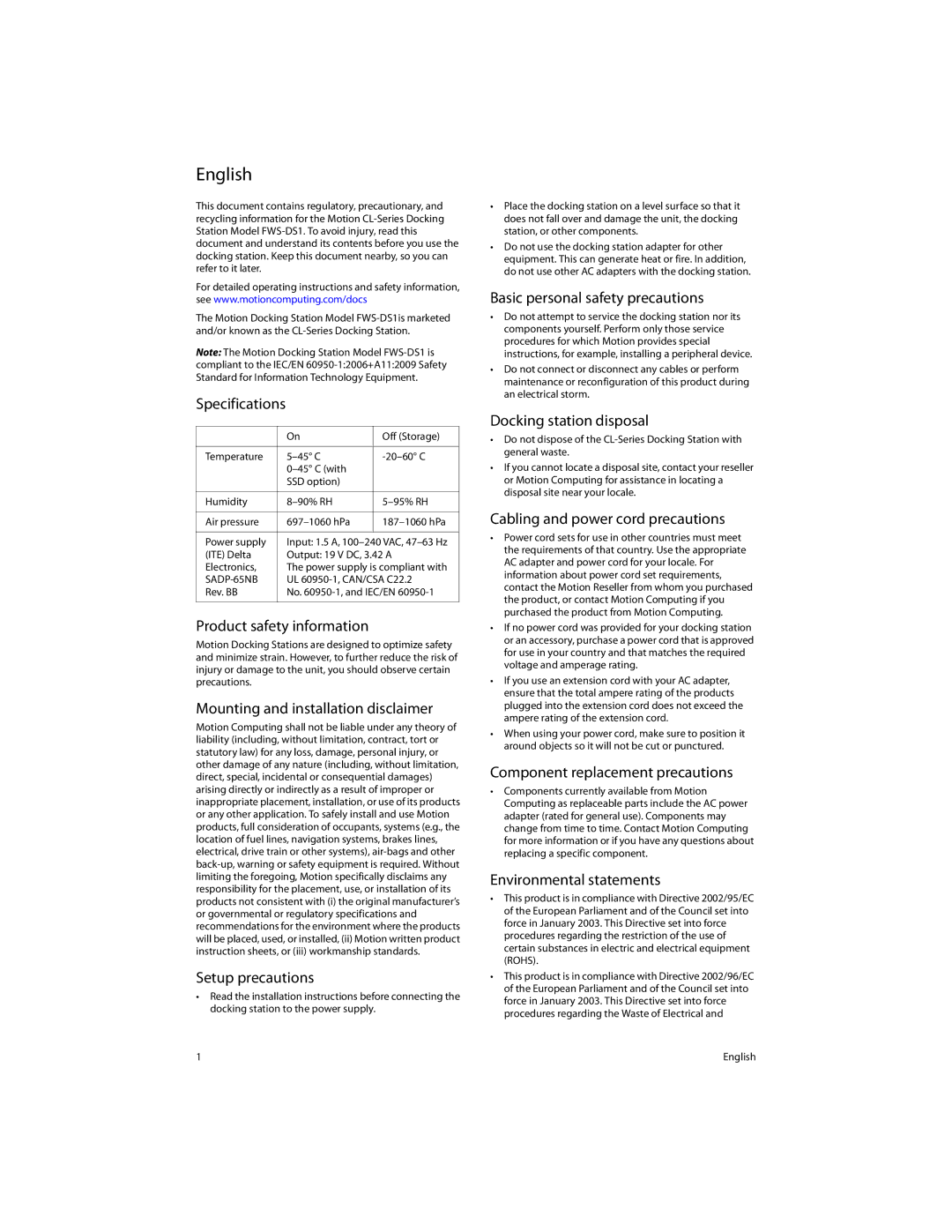 Motion Computing FWS-DS1 warranty English 