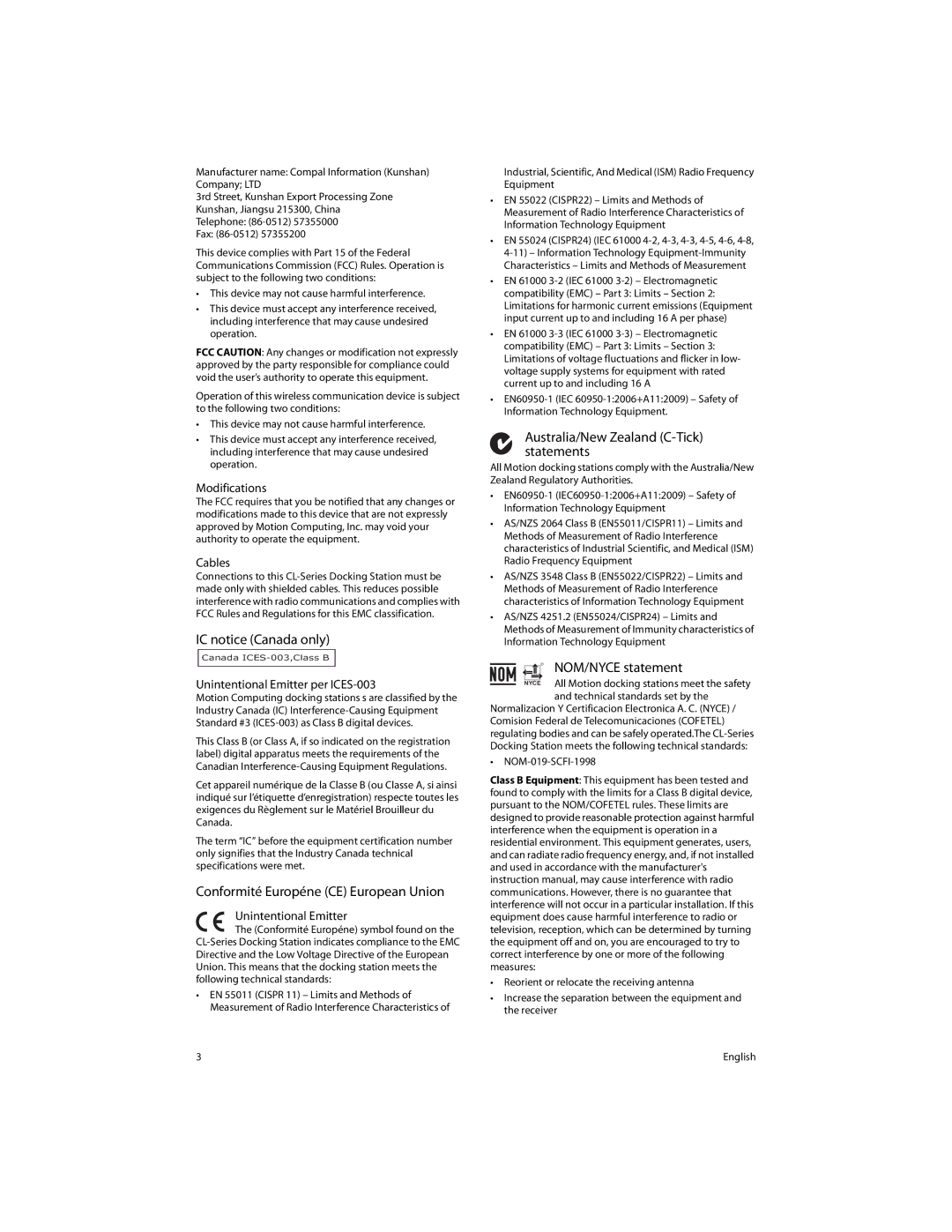 Motion Computing FWS-DS1 warranty IC notice Canada only, Conformité Européne CE European Union, NOM/NYCE statement 