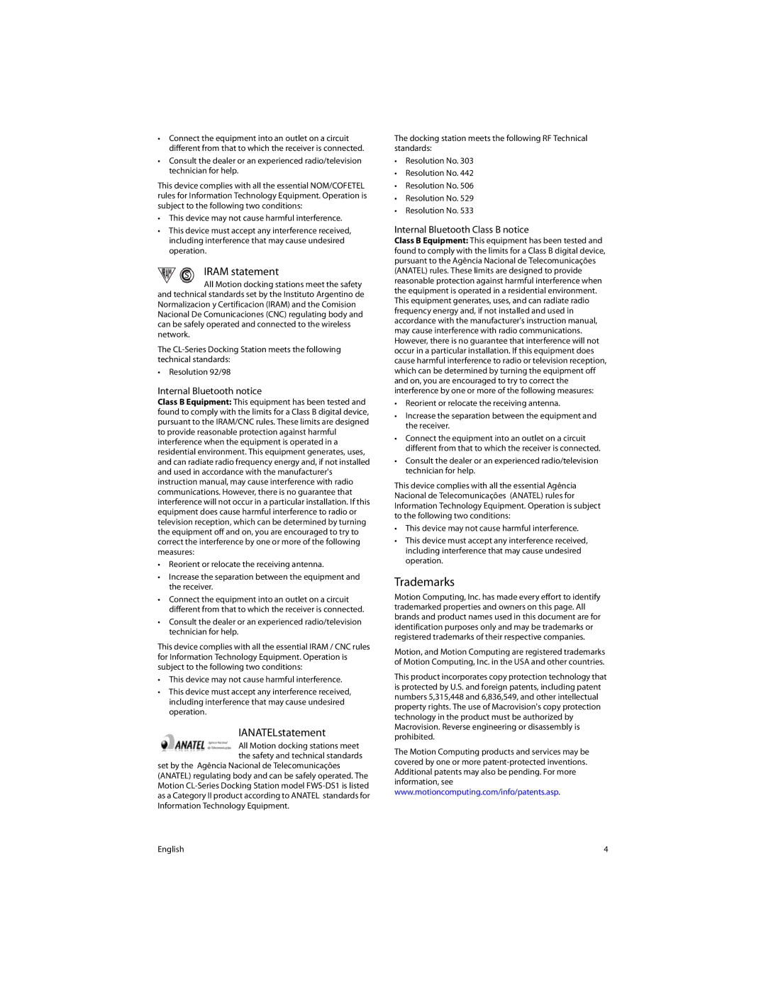 Motion Computing FWS-DS1 warranty Trademarks, Iram statement, IANATELstatement, Internal Bluetooth notice 