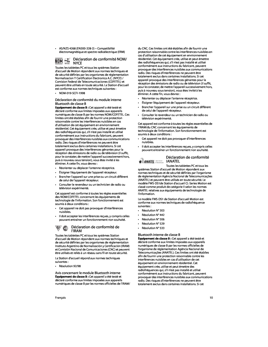 Motion Computing FWS-DS1 warranty Déclaration de conformité NOM, l’IRAM, Déclaration de conformité IANATEL 