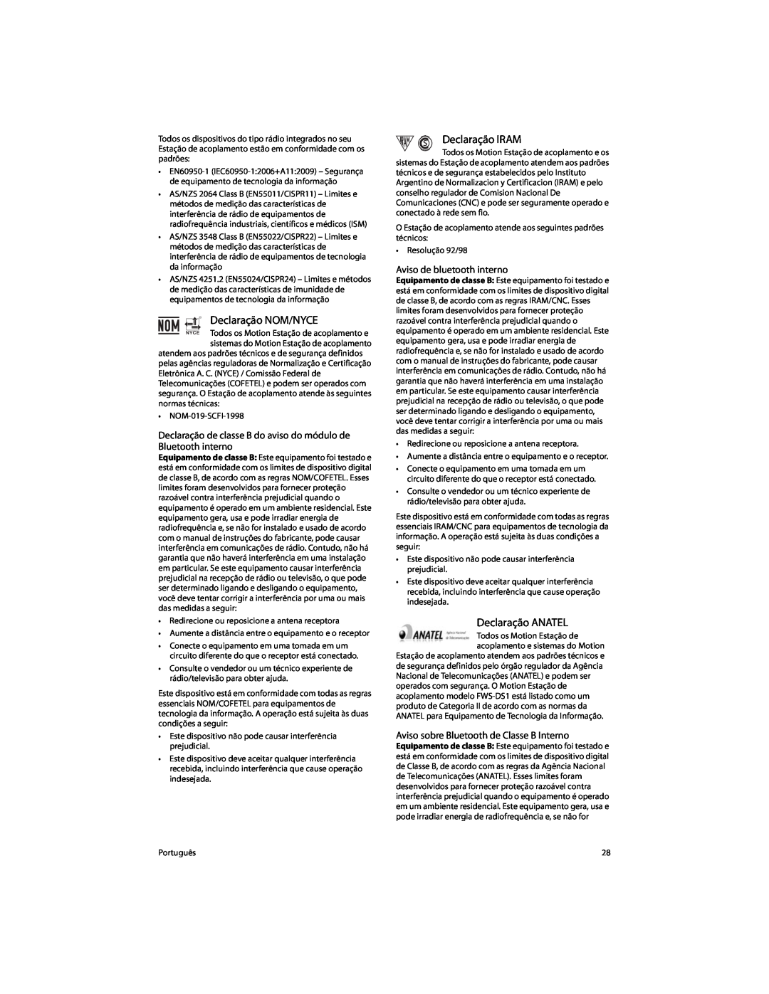 Motion Computing FWS-DS1 warranty Declaração NOM/NYCE, Declaração IRAM, Declaração ANATEL, Aviso de bluetooth interno 
