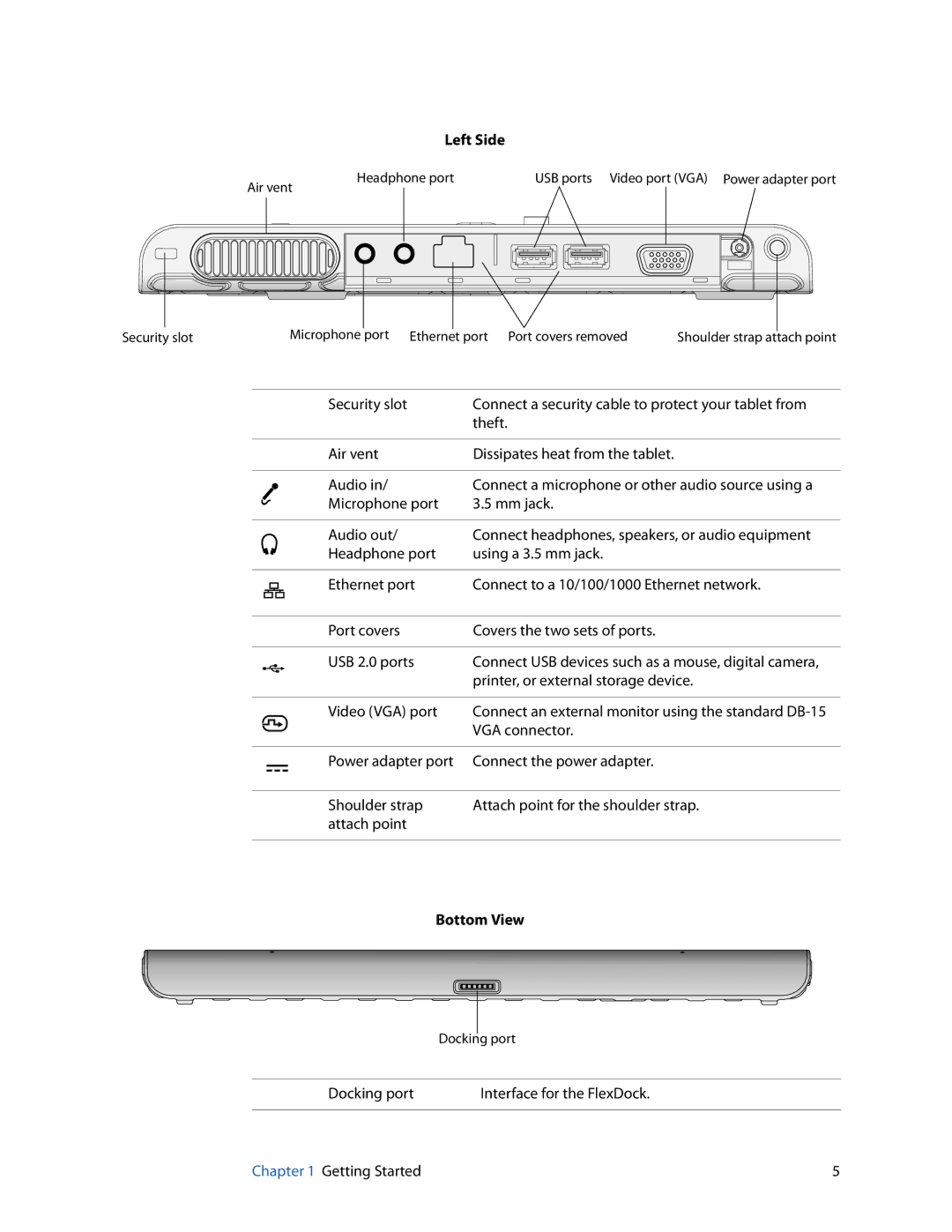 Motion Computing HC334227332, J3400 manual Left Side, Bottom View 