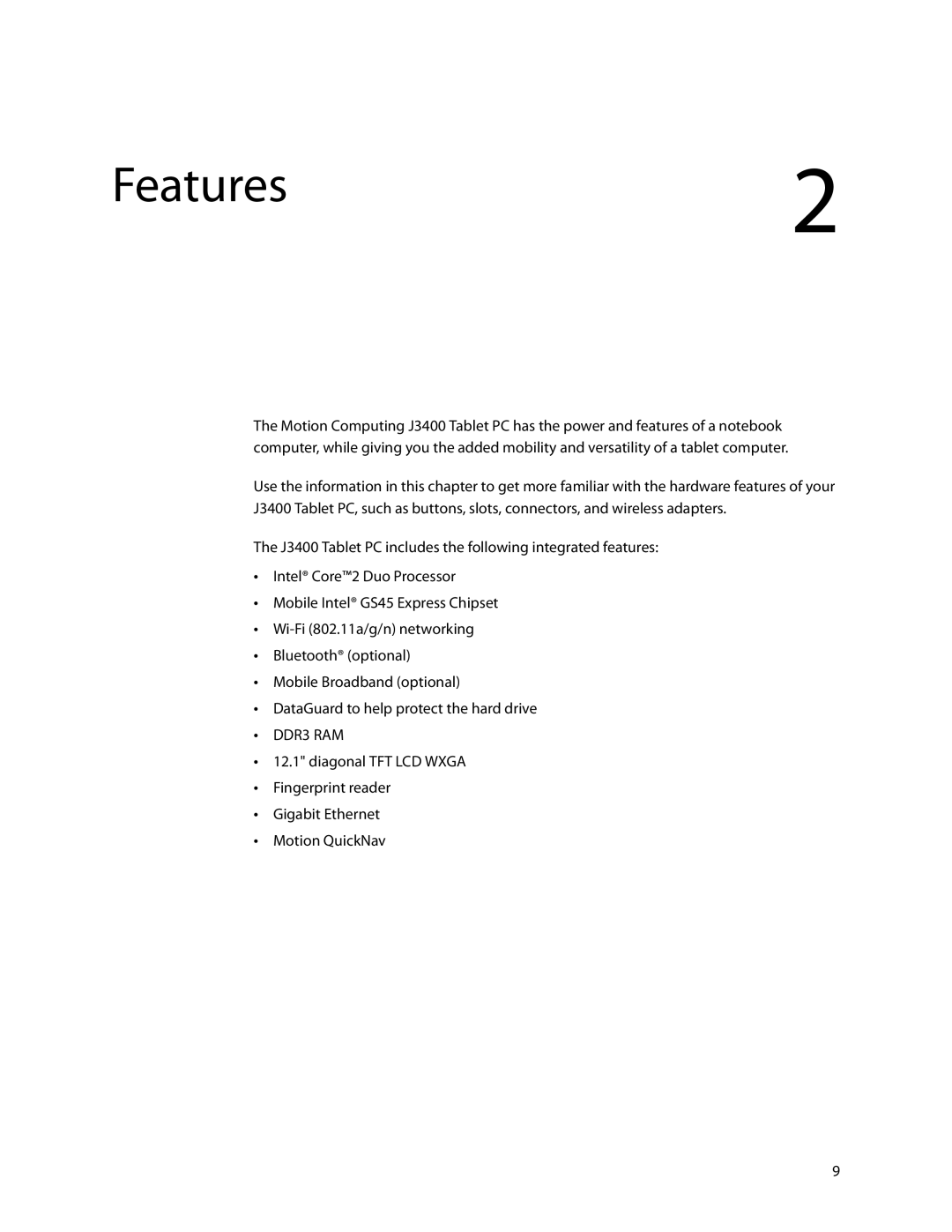 Motion Computing HC334227332, J3400 manual Features2 