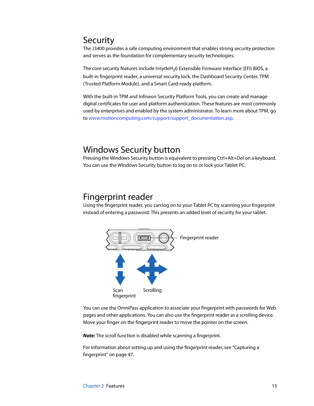 Motion Computing HC334227332, J3400 manual Windows Security button, Fingerprint reader 