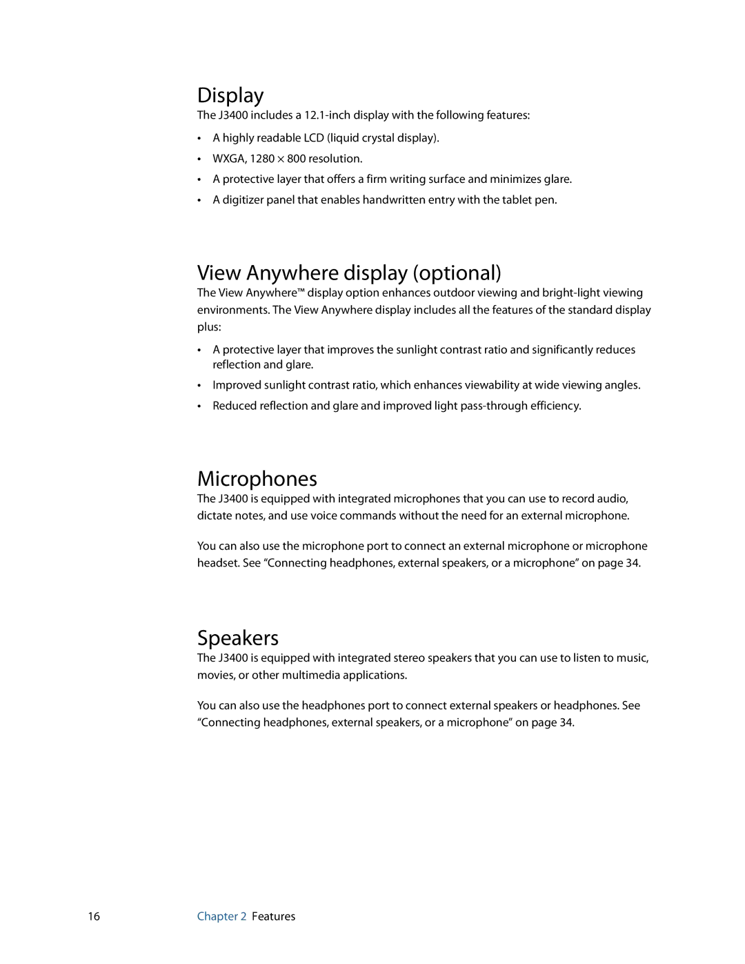 Motion Computing J3400, HC334227332 manual Display, View Anywhere display optional, Microphones, Speakers 