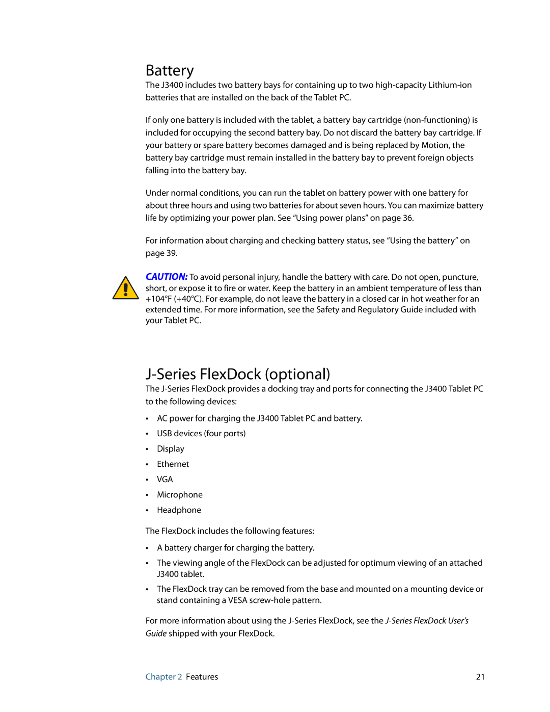 Motion Computing HC334227332, J3400 manual Battery, Series FlexDock optional 