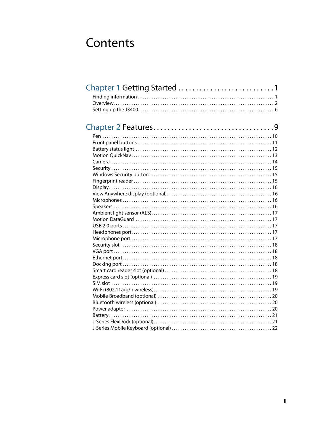 Motion Computing HC334227332, J3400 manual Contents 