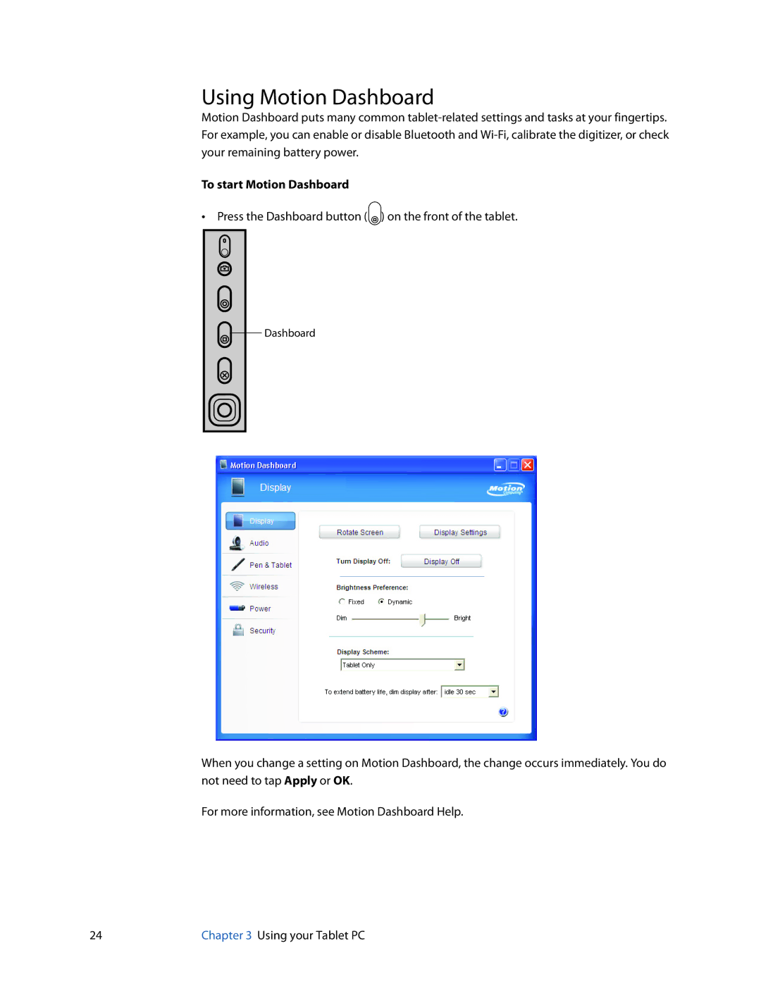 Motion Computing J3400, HC334227332 manual Using Motion Dashboard, To start Motion Dashboard 