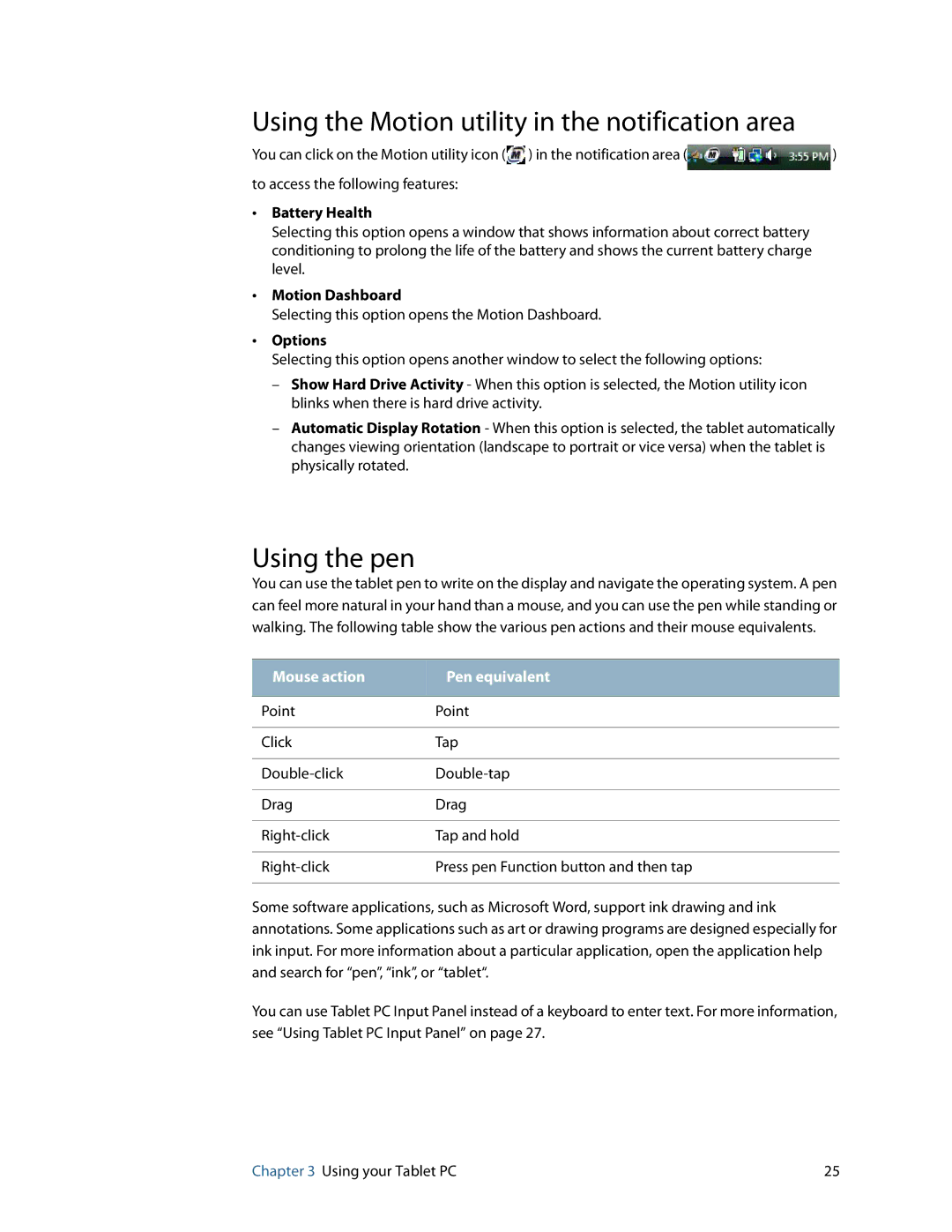 Motion Computing HC334227332 Using the Motion utility in the notification area, Using the pen, Battery Health, Options 