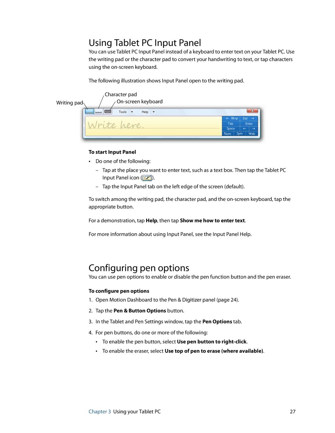 Motion Computing HC334227332, J3400 manual Using Tablet PC Input Panel, Configuring pen options, To start Input Panel 