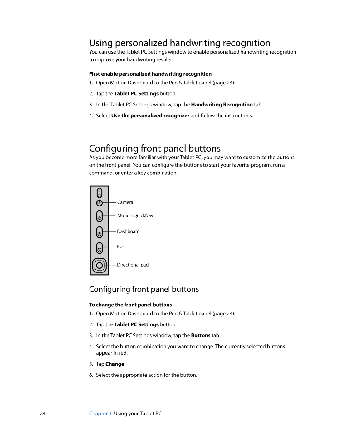 Motion Computing J3400, HC334227332 manual Using personalized handwriting recognition, Configuring front panel buttons 