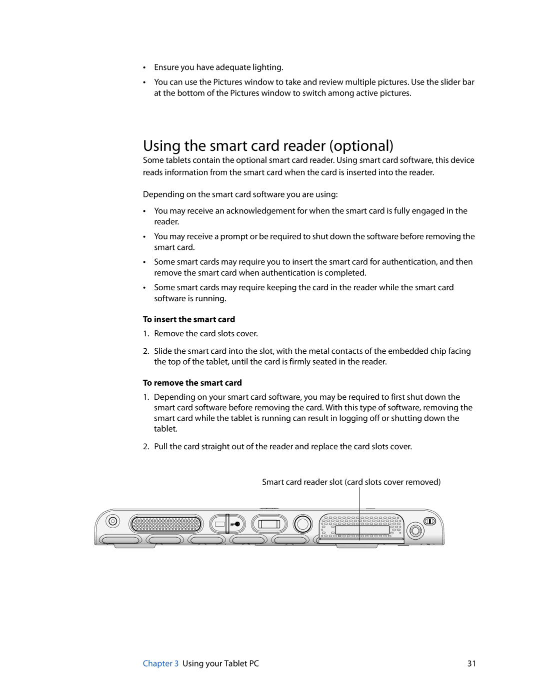 Motion Computing HC334227332 Using the smart card reader optional, To insert the smart card, To remove the smart card 