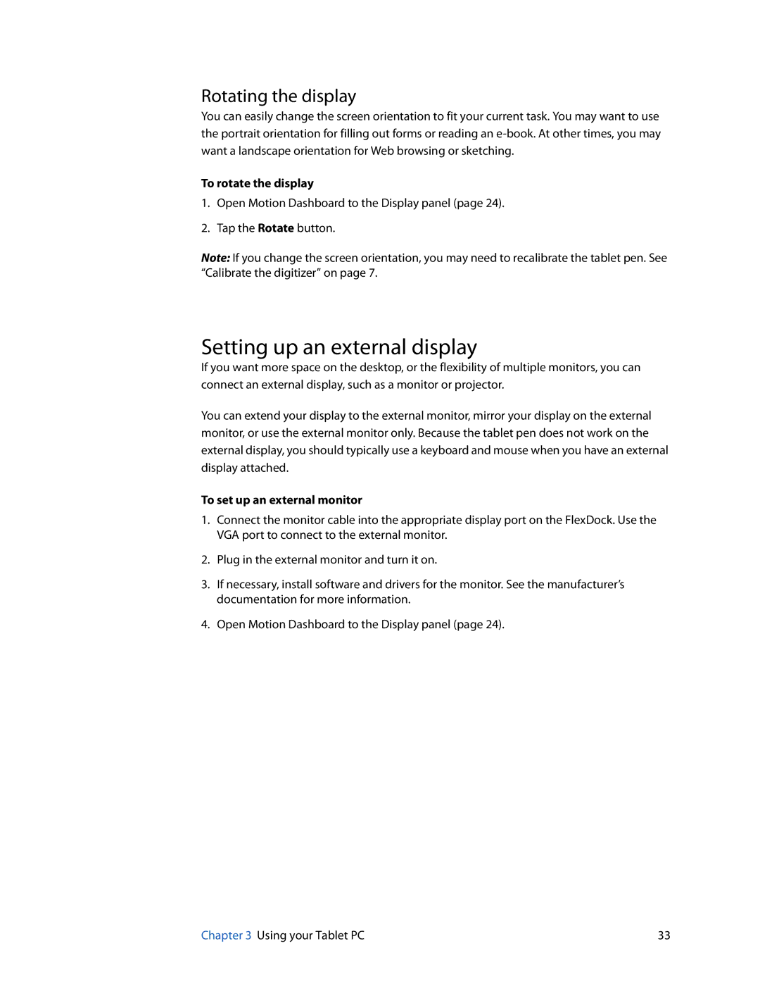 Motion Computing HC334227332, J3400 manual Setting up an external display, Rotating the display, To rotate the display 