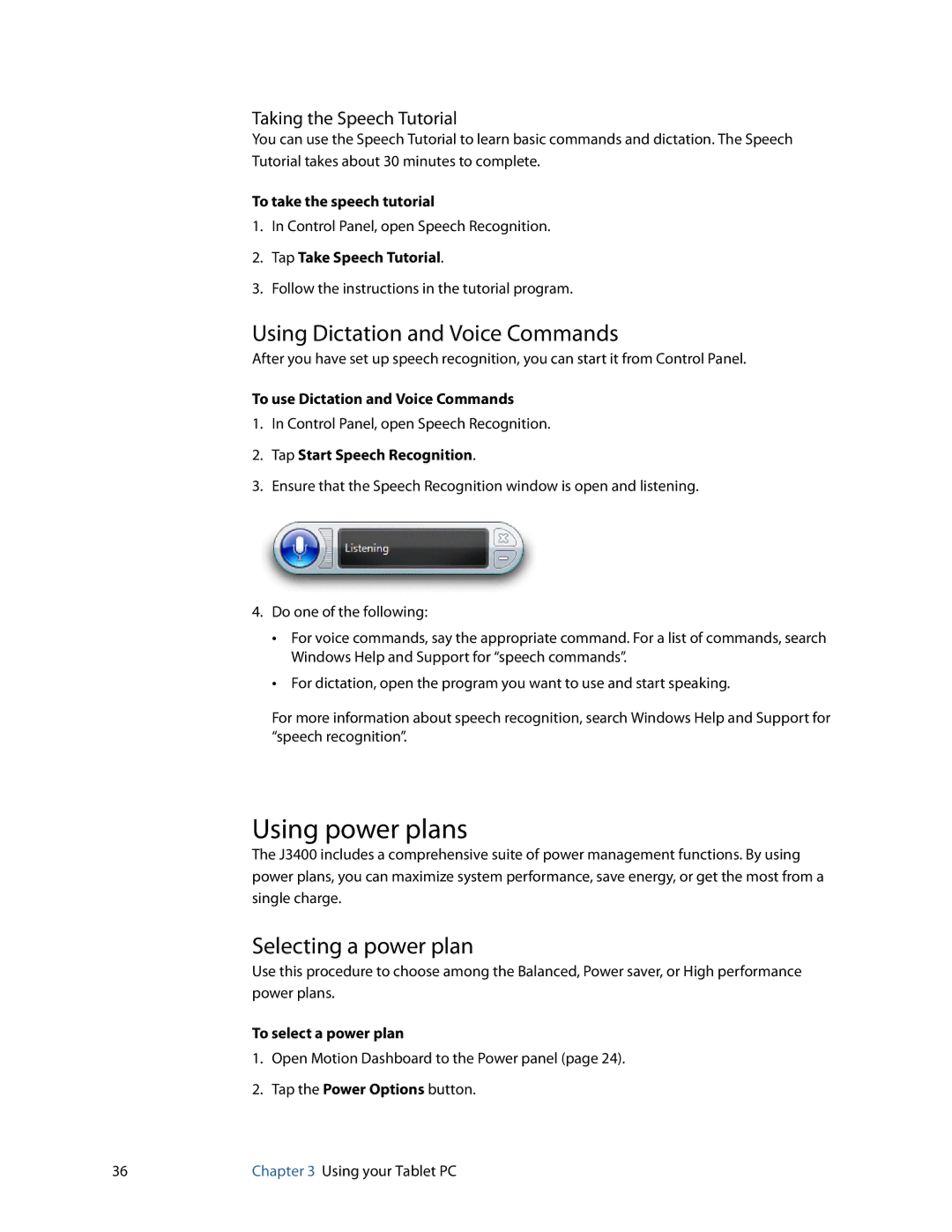 Motion Computing J3400, HC334227332 manual Using power plans, Using Dictation and Voice Commands, Selecting a power plan 