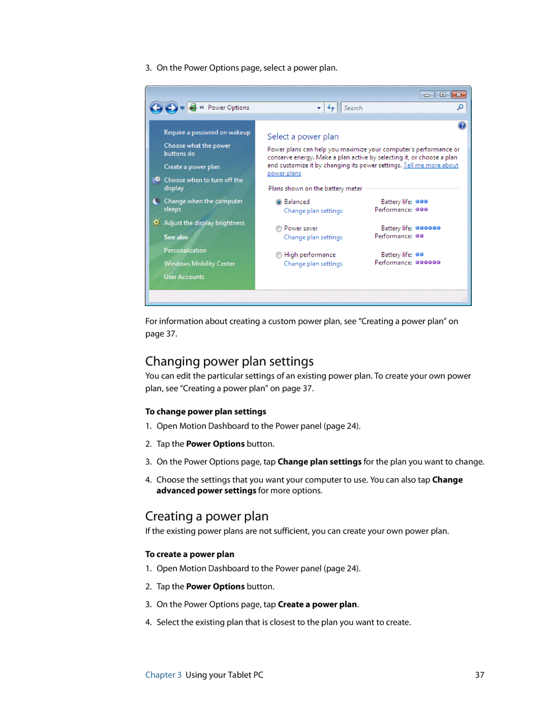 Motion Computing HC334227332, J3400 Changing power plan settings, Creating a power plan, To change power plan settings 