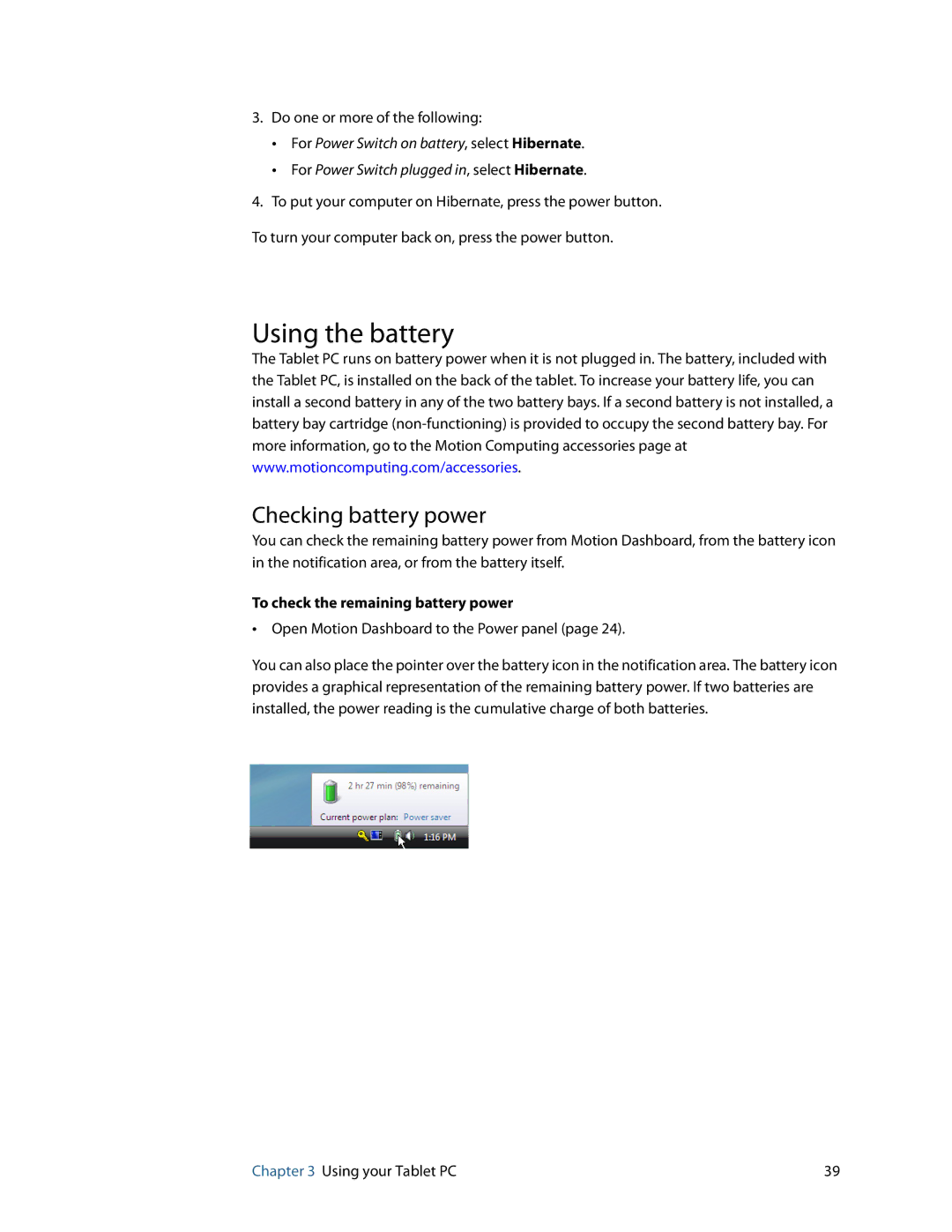 Motion Computing HC334227332, J3400 manual Using the battery, Checking battery power, To check the remaining battery power 