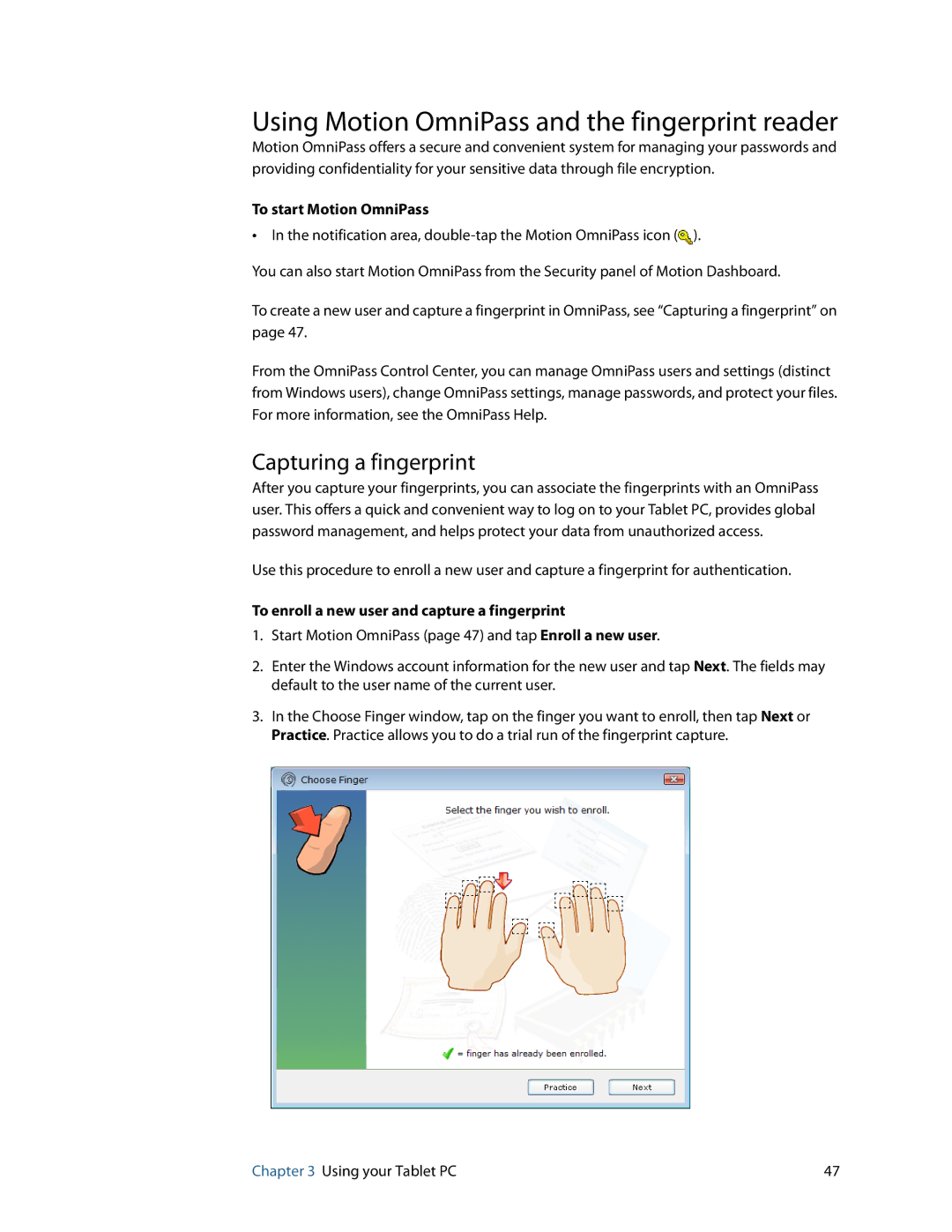 Motion Computing HC334227332, J3400 manual Using Motion OmniPass and the fingerprint reader, Capturing a fingerprint 