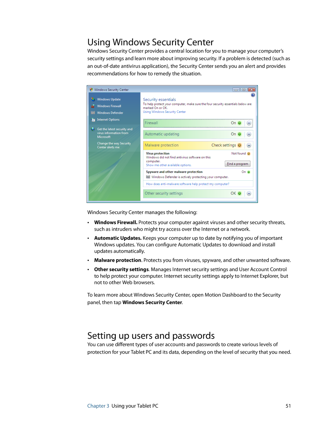 Motion Computing HC334227332, J3400 manual Using Windows Security Center, Setting up users and passwords 