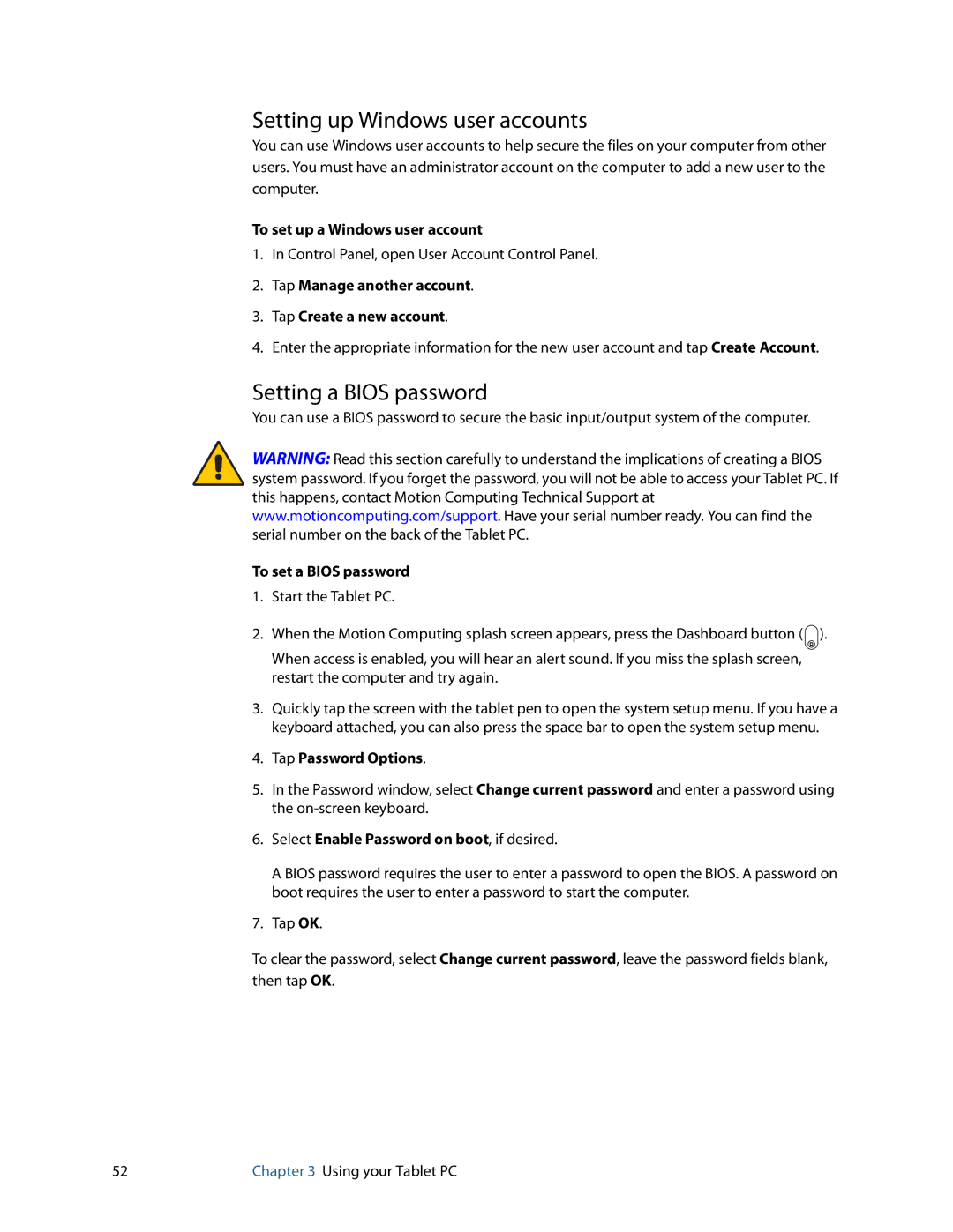 Motion Computing J3400, HC334227332 manual Setting up Windows user accounts, Setting a Bios password 