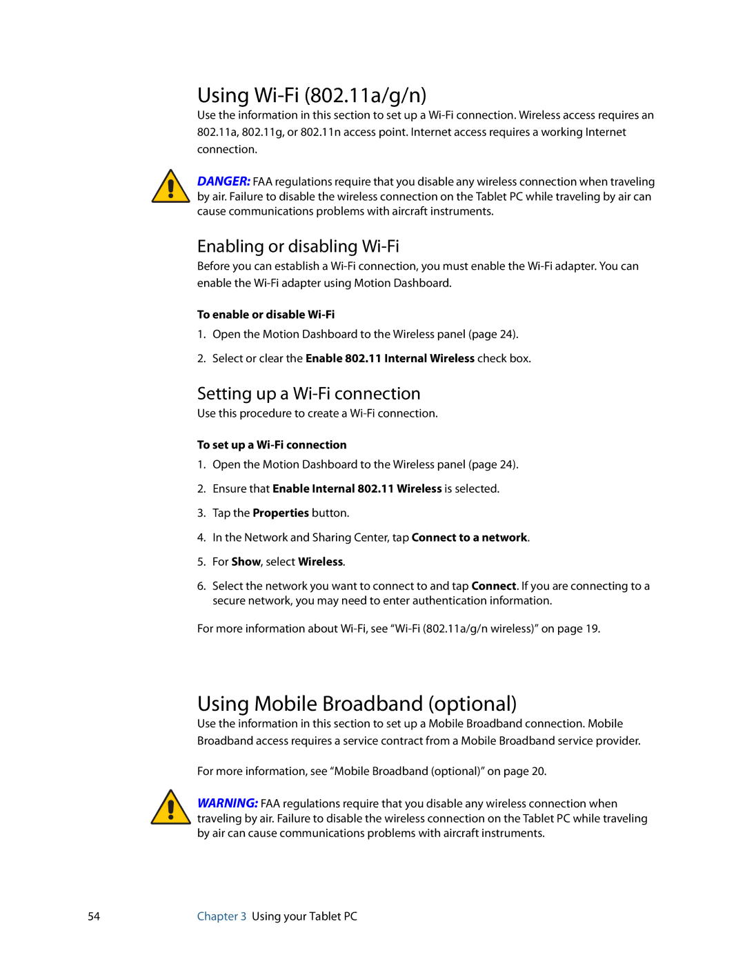 Motion Computing J3400, HC334227332 Using Wi-Fi 802.11a/g/n, Using Mobile Broadband optional, Enabling or disabling Wi-Fi 