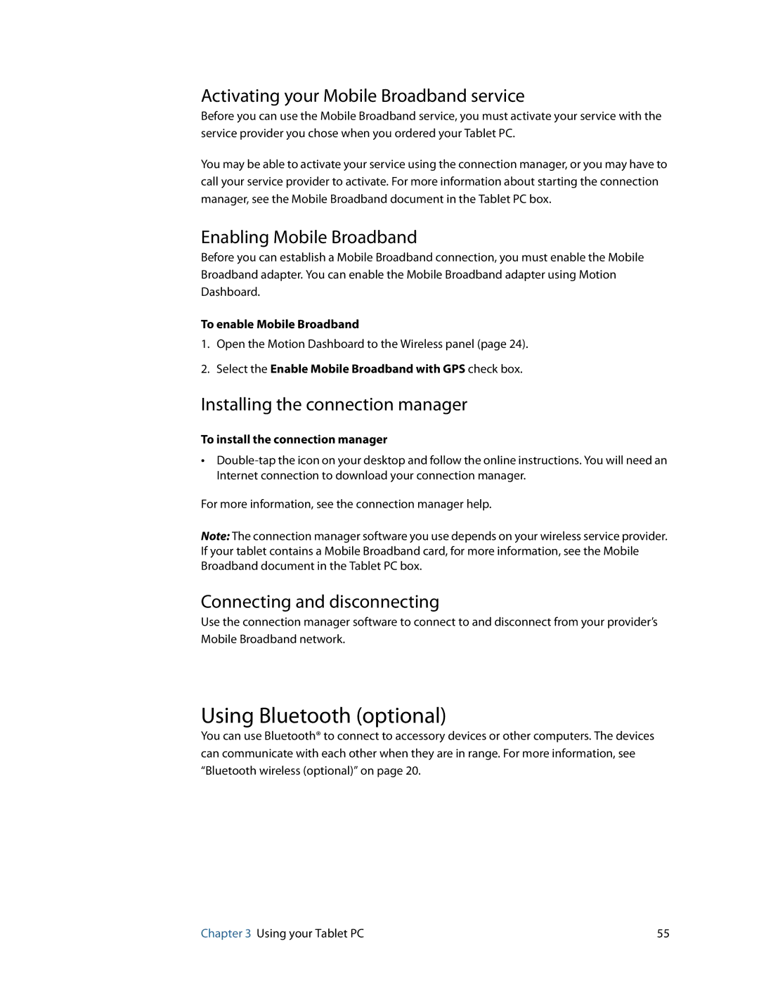 Motion Computing HC334227332 Using Bluetooth optional, Activating your Mobile Broadband service, Enabling Mobile Broadband 