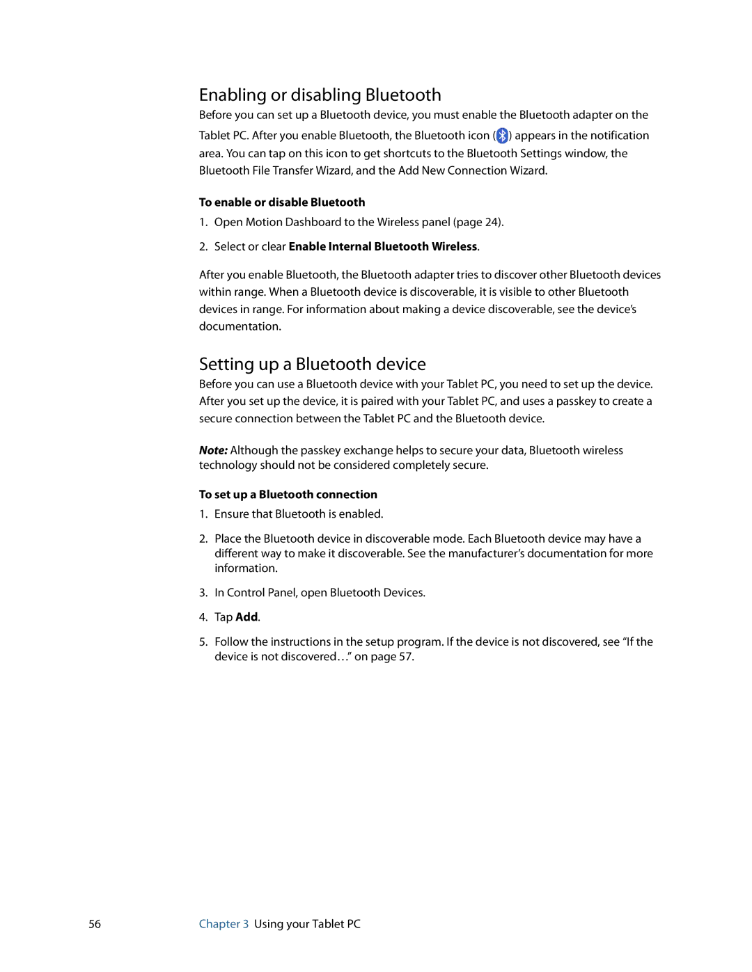 Motion Computing J3400 Enabling or disabling Bluetooth, Setting up a Bluetooth device, To enable or disable Bluetooth 